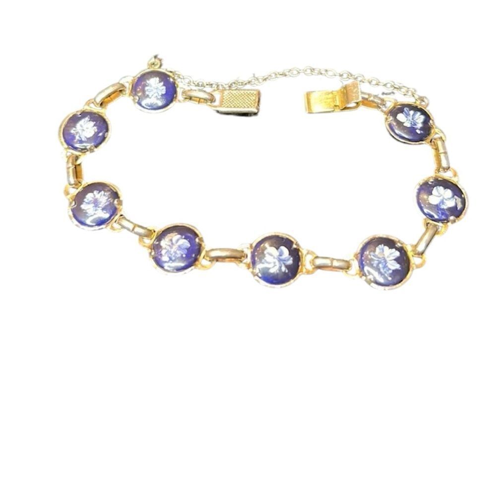 Small Vintage silver colored bracelet blue flowers slide clasp safety chain EVC